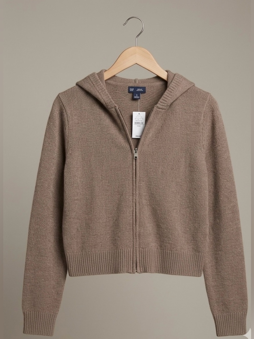 GAP Women’s Knit Sweater Zip Hoodie Medium Cropped Taupe Brown - wardrobe staple
